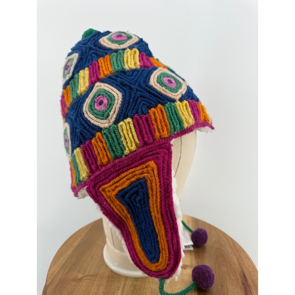 Jenny Krauss Whimsy‎ Rainbow Multicolor Earflap Hat Wool Lined Pom Pom - Picture 2 of 6